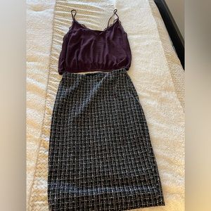 Express tweed stretch pencil skirt and purple silk tank top
